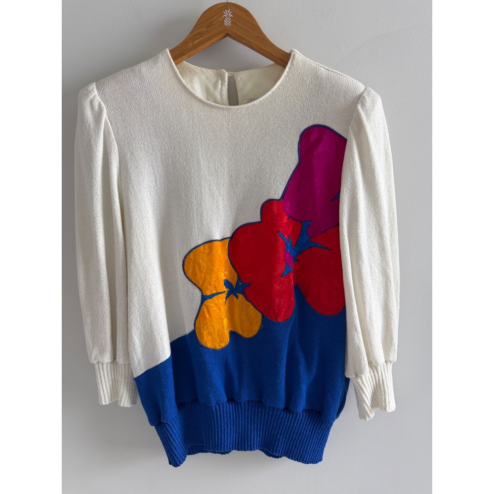 Anthony Sicari Vintage Floral Knit Sweater White Blue Puff Sleeve 80s Retro 12
